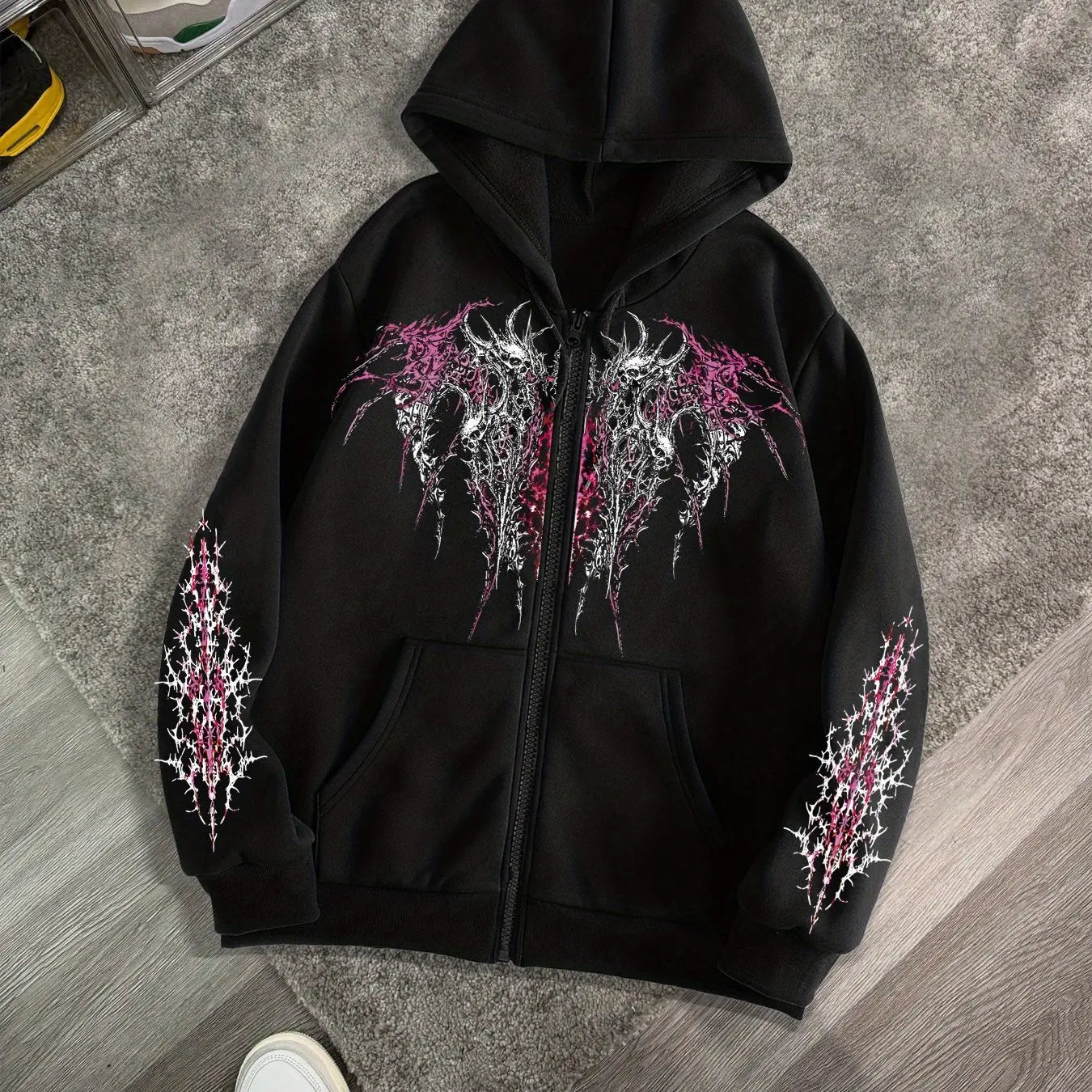 Men's Gothic Dark Print Zipper Hooded Casual Sports Sweatshirt Zipper Jacket Autumn and Winter New Casual Retro Street Style Top