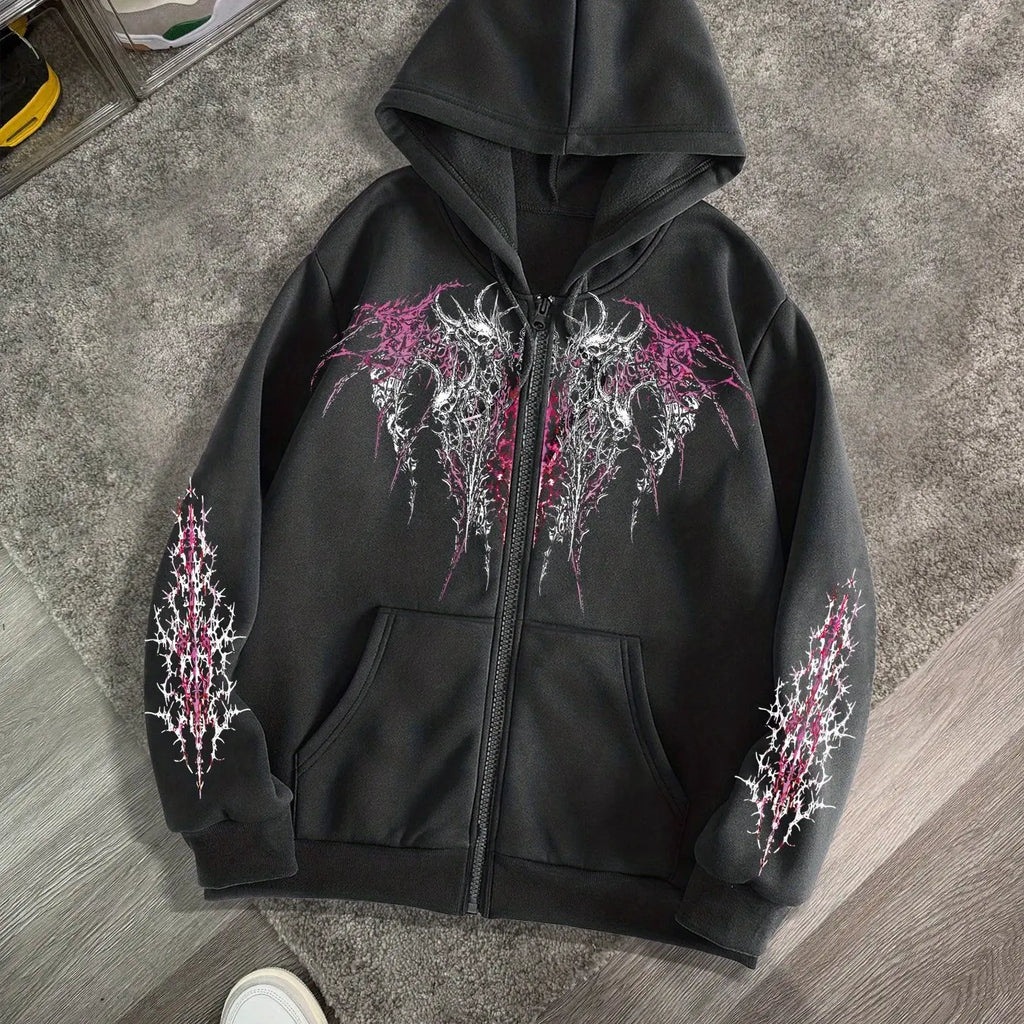 Men's Gothic Dark Print Zipper Hooded Casual Sports Sweatshirt Zipper Jacket Autumn and Winter New Casual Retro Street Style Top